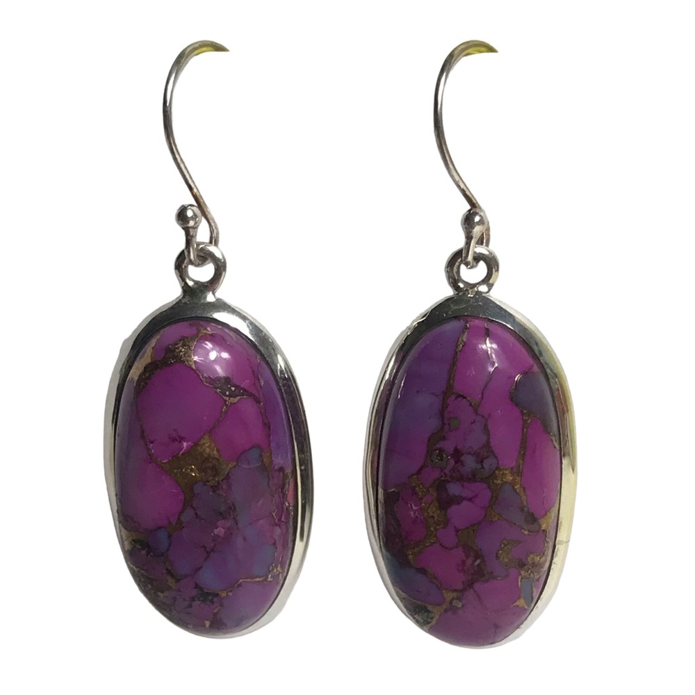 Purple Copper Turquoise Earrings Sterling Silver Handmade Jewelry Drop Oval Hook